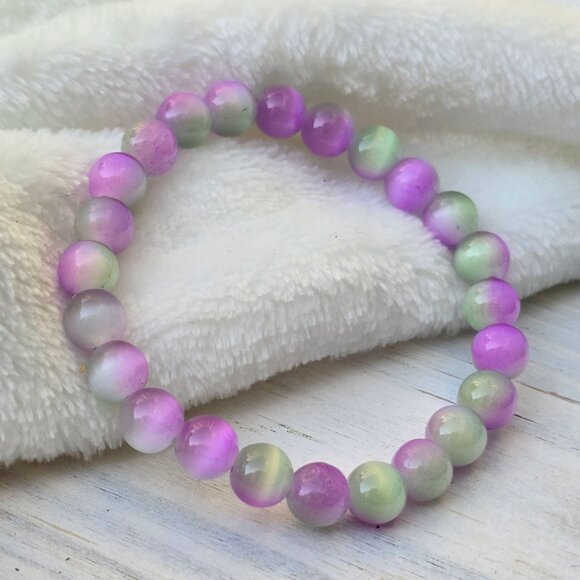 Cat’s Eye Gemstone Bracelet – Handmade w/ Purple & Green Beads for Focus & Luck - Picture 10 of 15